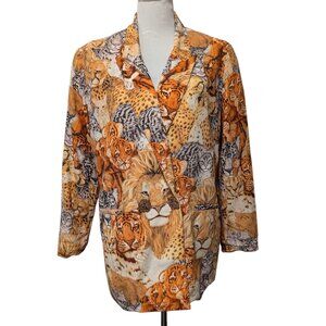 Vintage Dorothy Schoelen Platinum Womens Sz L Big Cats Lined Rayon Blazer Jacket